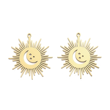 201 Stainless Steel Pendants, Sun with Moon & Star Charm, Laser Cut, Golden, 28x26x1mm, Hole: 1.4mm