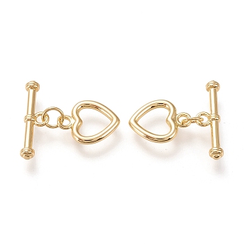 Brass Toggle Clasps, Long-Lasting Plated, Heart & Bar, Real 18K Gold Plated, Heart: 14x11x1.7mm, Hole: 1.8mm, Bar: 20x6x3mm, Hole: 1.8mm