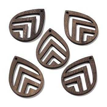 Walnut Wood Hollow Pendants, Teardrop Charms, Undyed, Coffee, 37.5x27.5x2mm, Hole: 1.8mm