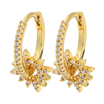 Real 18K Gold Plated Brass Hoop Earrings, with Cubic Zirconia, Sun, Clear, 20x10mm