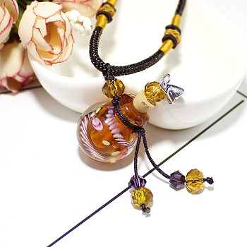 Lampwork Round Perfume Bottle Pendant Necklace with Glass Beads, Essential Oil Vial Jewelry for Women, Chocolate, 17.7~25.59 inch(45~65cm)