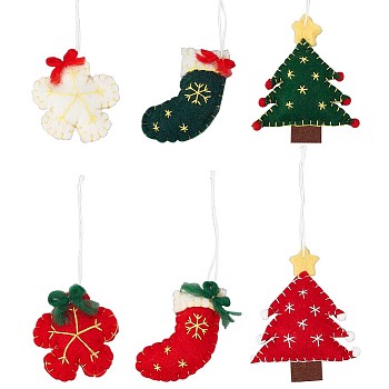 6Pcs 6 Style Wool Felt Pendant Decorations, with Cord for Christams Party Decoration, Christmas Stockings/Tree/Flower, Mixed Color, 132~167mm, 1pc/style