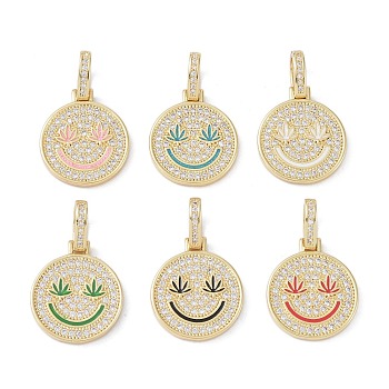 Brass Micro Pave Cubic Zirconia Pendants, Enamel Style, Cadmium Free & Lead Free, Flat Round with Smiling Face, Golden, Mixed Color, 21x18x2mm, Hole: 7x4mm