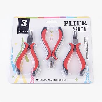 Iron Jewelry Tool Sets: Round Nose Pliers, Wire Cutter Pliers and Side Cutting Pliers, Red, 110~127mm, 3pcs/set