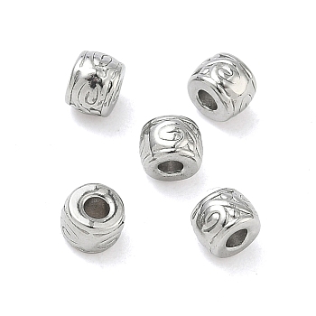 304 Stainless Steel Beads, Barrel with Symbol, Stainless Steel Color, 4x3mm, Hole: 1.4mm