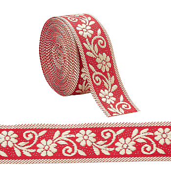 Ethnic Style Flower Pattern Polyester Ribbon, Jacquard Ribbon, Tyrolean Ribbon, Clothing Accessories, Red, 1-1/8 inch(30mm)