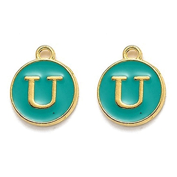Golden Plated Alloy Enamel Charms, Enamelled Sequins, Flat Round with Alphabet, Letter.U, Green, 14x12x2mm, Hole: 1.5mm