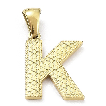 Ion Plating(IP) 316L Surgical Stainless Steel Pendants, Real 18K Gold Plated, Letter Charm, Textured, Letter K, 17x13x1.6mm, Hole: 3.5mm