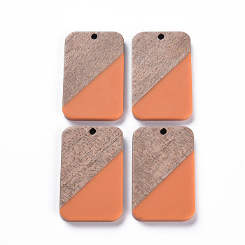 Opaque Resin & Walnut Wood Pendants, Two Tone, Rectangle, Dark Orange, 32.5x21x3mm, Hole: 2mm