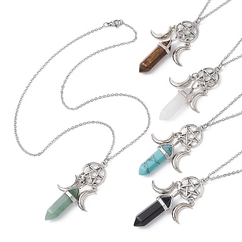 Natural & Synthetic Mixed Gemstone Bullet Pendant Necklace, Alloy Moon & Star Woven Net Necklace, 17.52 inch(44.5cm)