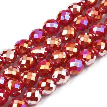Electroplate Opaque Solid Color Glass Beads Strands, AB Color Plated, Faceted, Strawberry, Dark Red, 6x6mm, Hole: 1.4mm, about 100pcs/strand, 24.02 inch(61cm)