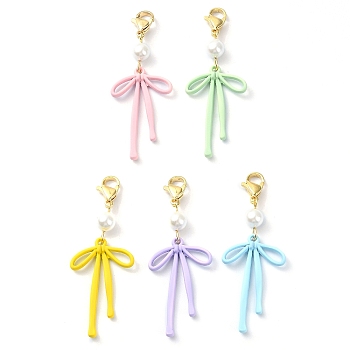 Bowknot Alloy Pendant Decorations,  Shell Pearl Beads and Lobster Claw Clasps Charms for Bag Ornaments, Mixed Color, 55mm