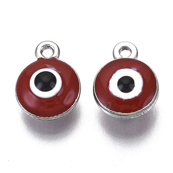 Alloy Pendants, with Enamel, Flat Round with Evil Eye, Dark Red, 12.5x10x7mm, Hole: 1.4mm