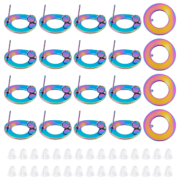 Unicraftale 20Pcs Rainbow Color 304 Stainless Steel Stud Earring Findings, with Loop, Ring, with 30Pcs Plastic Ear Nuts, 18mm, Hole: 3mm, Pin: 0.7mm