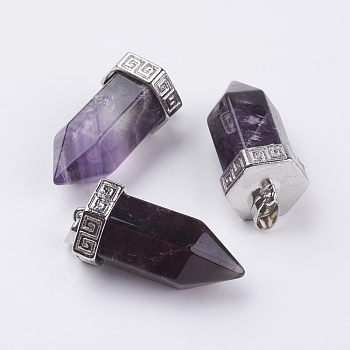 Natural Amethyst Pointed Pendants, with Brass Finding, Bullet, Platinum, 39x18mm, Hole: 4.5x5.5mm