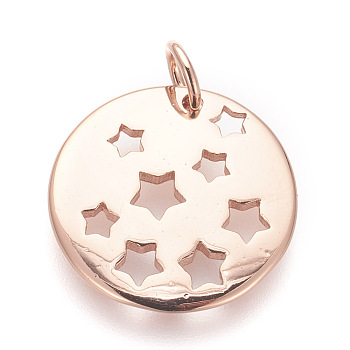 Brass Charms, Lead Free & Cadmium Free, Flat Round with Star, Rose Gold, 15x1.5mm, Hole: 3mm