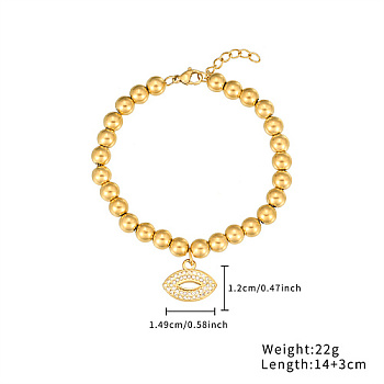 Stainless Steel Crystal Rhinestone Ball Beaded Bracelets with Pendants, Golden, Lip, 5-1/2 inch(14cm), Pendnat: 12x14.9mm