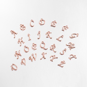 Rose Gold Plated Alloy Letter Pendants, Rack Plating, Cadmium Free & Lead Free, Random Mixed Letters, 12~17x4~15x2mm, Hole: 1.5mm