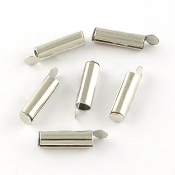 Iron Slide On End Clasp Tubes, Slider End Caps, Cadmium Free & Lead Free, Platinum, 20x4mm, 3.2mm inner diameter
