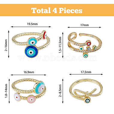 4Pcs 4 Styles Colorful Enamel Evil Eye Open Cuff Rings with Clear Cubic Zirconia(RJEW-FI0001-07)-2