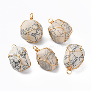 Natural Howlite Pendants, with Golden Plated Brass Wire Wrapped, Nuggets, 14~25x15~32x13~21mm, Hole: 4mm(G-N332-50-01)