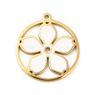 Ion Plating(IP) 304 Stainless Steel Enamel Pendants, Flat Round with Flower Pattern, Real 14K Gold Plated, 15x14x1mm, Hole: 0.9mm(STAS-G295-37G)