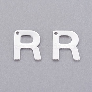 201 Stainless Steel Charms, Letter, Silver Color Plated, Letter.R, 11x9x0.7mm, Hole: 1mm(X-STAS-L232-007R)