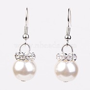 Glass Pearl Beads Dangle Earrings, with Brass Rhinestone Spacer Beads and Brass Earring Hooks, Silver Color Plated, Beige, 35mm(X-EJEW-JE02180-04)