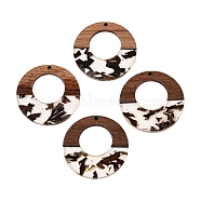 Epoxy Resin & Walnut Wood Pendants, with Dried Flower, Flat Round, Coconut Brown, 37.5x38x3mm, Hole: 2mm(RESI-T057-09E)