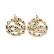 Brass Colorful Cubic Zirconia Pendants, with Jump Ring, Flat Round with Snake Charms, Real 18K Gold Plated, 27x25x23mm, Hole: 3mm(KK-E068-VA166-2)