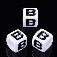 Letter Acrylic Beads, Cube, White, Letter B, Size: about 7mm wide, 7mm long, 7mm high, hole: 3.5mm, about 2000pcs/500g(PL37C9129-B)
