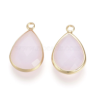 Glass Pendants, with Brass Findings, Faceted, Teardrop, Pink, 18x10.5x4.5mm, Hole: 2mm(X-GLAA-S110-B-26)