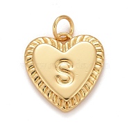 Rack Plating Real 18K Gold Plated Brass Pendants, with Jump Rings, Long-Lasting Plated, Lead Free & Cadmium Free & Nickel Free, Heart with Letter A~Z, Letter.S, 16x15x2.5mm, Jump Ring: 5x0.5mm, 3mm Inner Diameter(KK-E260-01G-S)