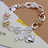 Exquisite Brass Key & Heart Lock Charm Bracelets For Women, with Lobster Clasps, Silver Color Plated, 190x10mm(BJEW-BB12593)