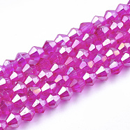 Electroplate Glass Beads Strands, AB Color, Faceted, Bicone, Magenta, 4~4.5x4mm, Hole: 1mm, about 92~96pcs/strand, 13.78~14.37 inch(35~36.5 cm) (EGLA-Q118-4mm-A01)