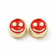 Rack Plating Alloy Enamel Beads, Cadmium Free & Nickel Free & Lead Free, Flat Round with Smiling Face Pattern, Light Gold, Red, 7.5x4mm, Hole: 2mm(FIND-G051-01LG-07)
