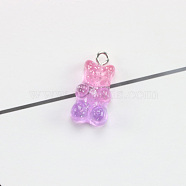 Grandient Color Transparent Resin Pendants, Bear Charm, with Glitter Powder and Iron Loops, Orchid, 22x11x6.5mm, Hole: 2mm(RESI-WH0026-46)