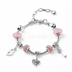 Alloy Heart and Skeleton Charm European Bracelet with Snake Chains, Plastic & Rhinestone Beaded Bracelet for Women, Pearl Pink, 7.87 inch(20cm)(BJEW-JB08047-01)