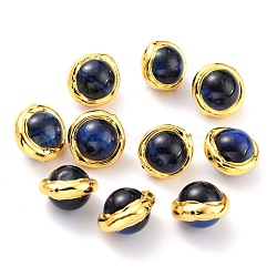 Natural Tiger Eye Beads, with Golden Brass Edge, Dyed, Round, Blue, 15.5~17x15.5~16x12.5mm, Hole: 0.8mm(G-B011-06G-B)