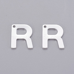 201 Stainless Steel Charms, Letter, Silver Color Plated, Letter.R, 11x9x0.7mm, Hole: 1mm(X-STAS-L232-007R)