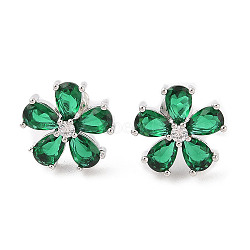 Rack Plating Brass Micro Pave Cubic Zirconia Stud Earrings, Long-lasting Plated, Flower, Platinum, Dark Green, 14x14mm(EJEW-I304-07P-010)