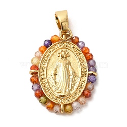 Rack Plating Brass Micro Pave Colorful Cubic Zirconia Pendants, Long-Lasting Plated, Cadmium Free & Lead Free, Oval with Virgin Mary Pattern Charms, Real 18K Gold Plated, 22.5x17.5x2.3mm, Hole: 3.5x6mm(KK-G488-14G)