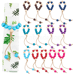 1 Set Natural Wood Beaded Napkin Rings, with Jute Cord, Table Napkin Holder Adornment, for Wedding Banquet Birthday Party Dinner Table Decorations, Mixed Color, 175mm, 7color, 2pcs/color, 14pcs/set(AJEW-BC0004-38)