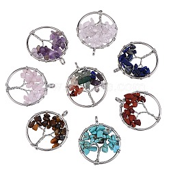 8Pcs 8 Style Mixed Gemstone Pendants, with Platinum Brass Findings, Flat Round with Tree of Life, 29x5mm, Hole: 4.5mm, 1pc/style(G-SZ0001-38)