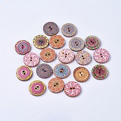 Printed Wooden Buttons, 2-Hole, Dyed, Flat Round, Mixed Color, 19~19.5x2.5~3mm, Hole: 1.6mm(WOOD-TAC0003-02B)