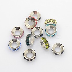 Brass Rhinestone Spacer Beads, Rondelle, Mixed, Nickel Color, about 10mm in diameter, 4mm thick, hole: 4mm(X-RSB097)