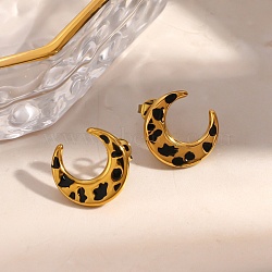 304 Stainless Steel & Enamel Stud Earrings, Leopard Print Moon, Golden, 30x33mm(SA-CBAF756-05G)