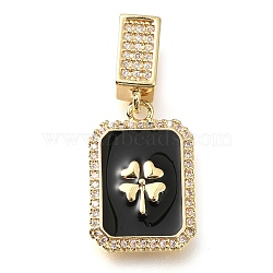 Brass Micro Pave Cubic Zirconia Pendants, with Enamel, Rectangular with Four Leaf Clover Charms, Black, 29x13x3mm, Hole: 7x4mm(KK-S049-05G-A)