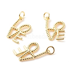 Brass Pendants, with Jump Ring, Cadmium Free & Lead Free, Word Love, Real 18K Gold Plated, 20x12x1.5mm, Hole: 3.5mm(KK-P208-07G-RS)