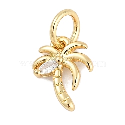 Brass Micro Pave Cubic Zirconia Pendants, Coconut Tree Charms, Lead Free & Cadmium Free, Long-Lasting Plated, Rack Plating, with Jump Ring, Real 18K Gold Plated, 10.5x7.5x2mm, Hole: 3mm(KK-Q028-61G)